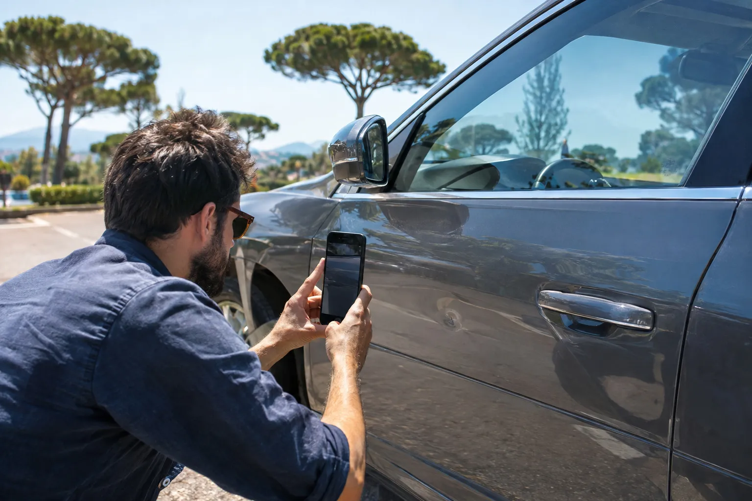 Un automobiliste photographie un impact sur sa portière avec son téléphone pour demander un devis