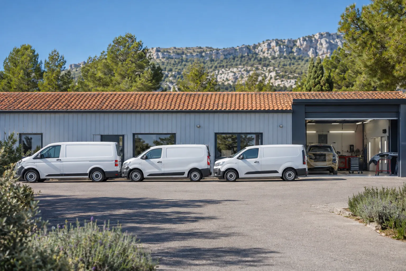 Parking d'une zone d'activité provençale : bâtiments bas aux murs gris clair, quelques véhicules garés en ligne, pins d'Alep et une crête calcaire en fond.