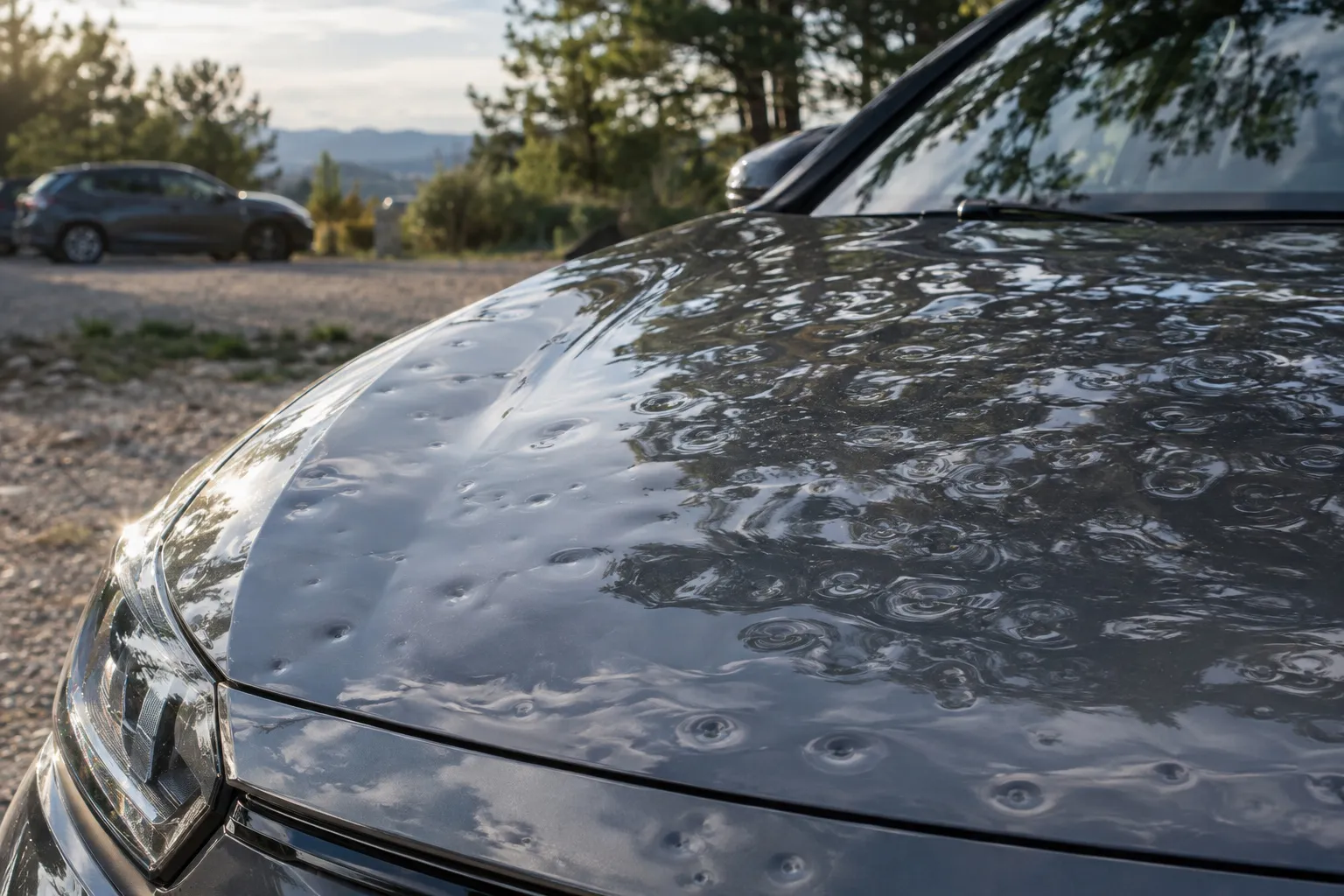 Gros plan sur un capot grêlé : motif dense de petits creux ronds, reflets déformés des arbres et du ciel, sur un parking de campagne.